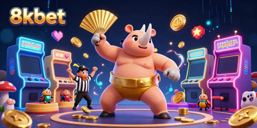Engage with the thrilling 8xbet experience as the sumo beetle champion sends coins flying in a vibrant casino setting.