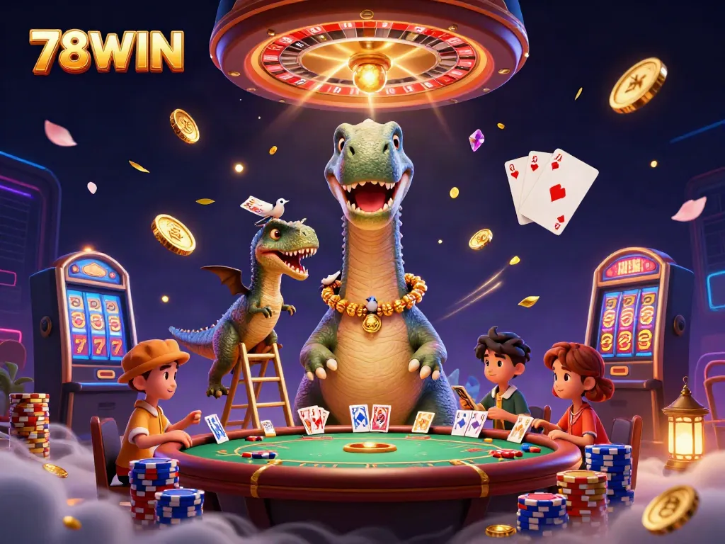 Engage with the thrilling world of 78WIN casino featuring vibrant characters amidst a whirlwind of gaming excitement.