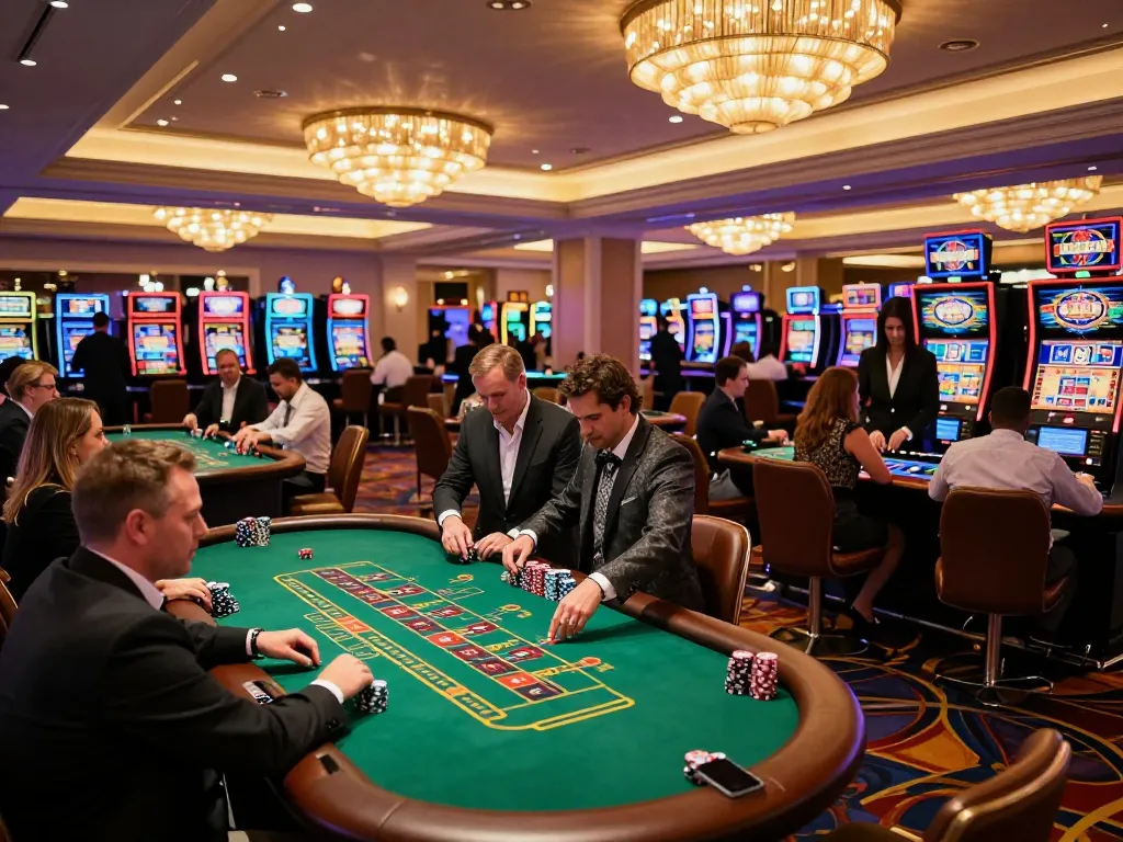 Players engaging in strategic bets at a bustling windd casino floor with vibrant tables and excitement.