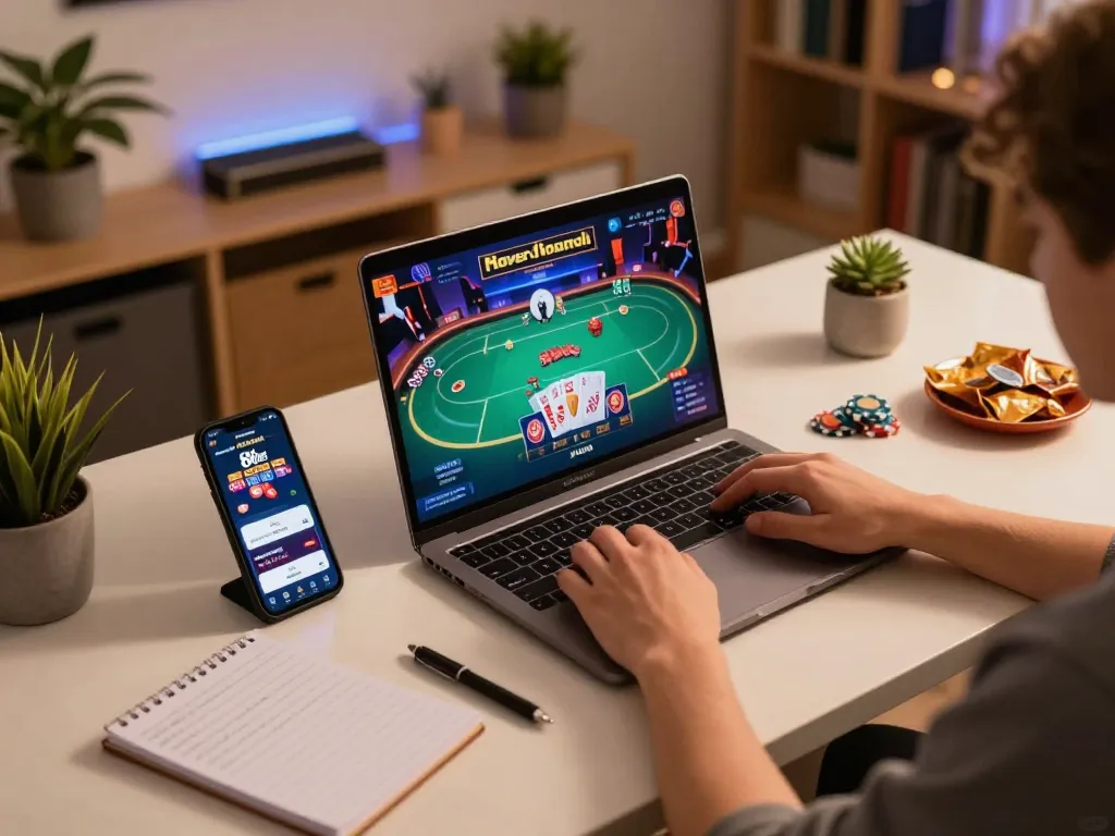 Engaging in online gambling with 86bet on a laptop, showcasing poker gameplay and cozy home setup
