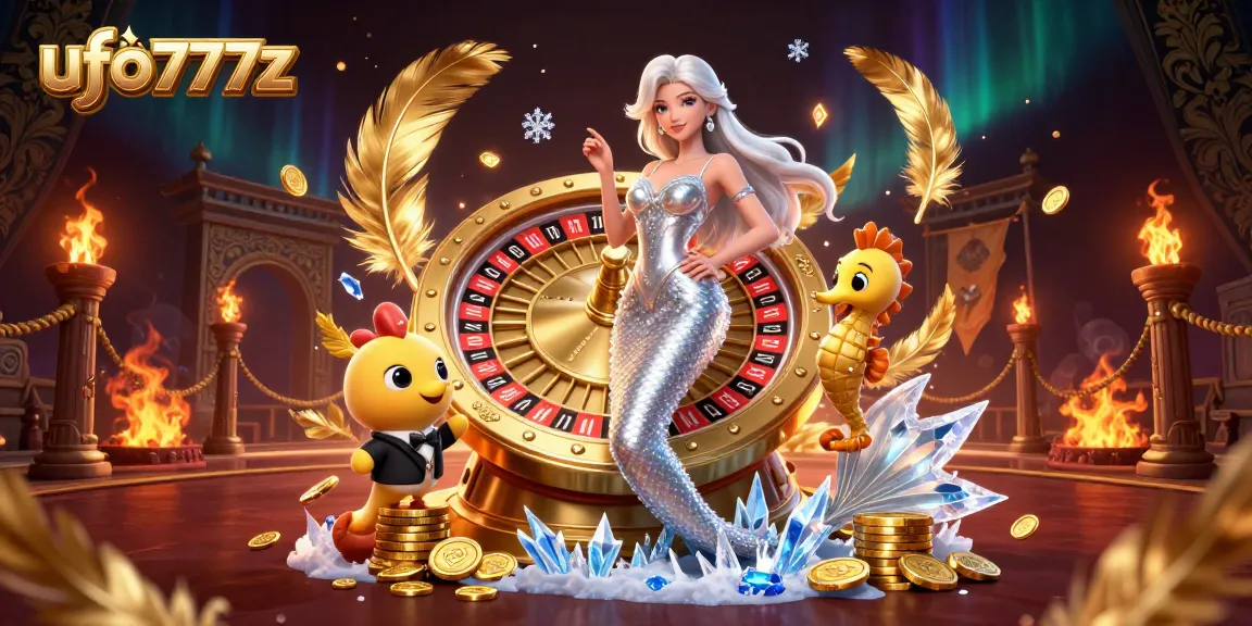 Win big at ufo777z, featuring a stunning mermaid by a golden roulette wheel in an enchanting casino scene.