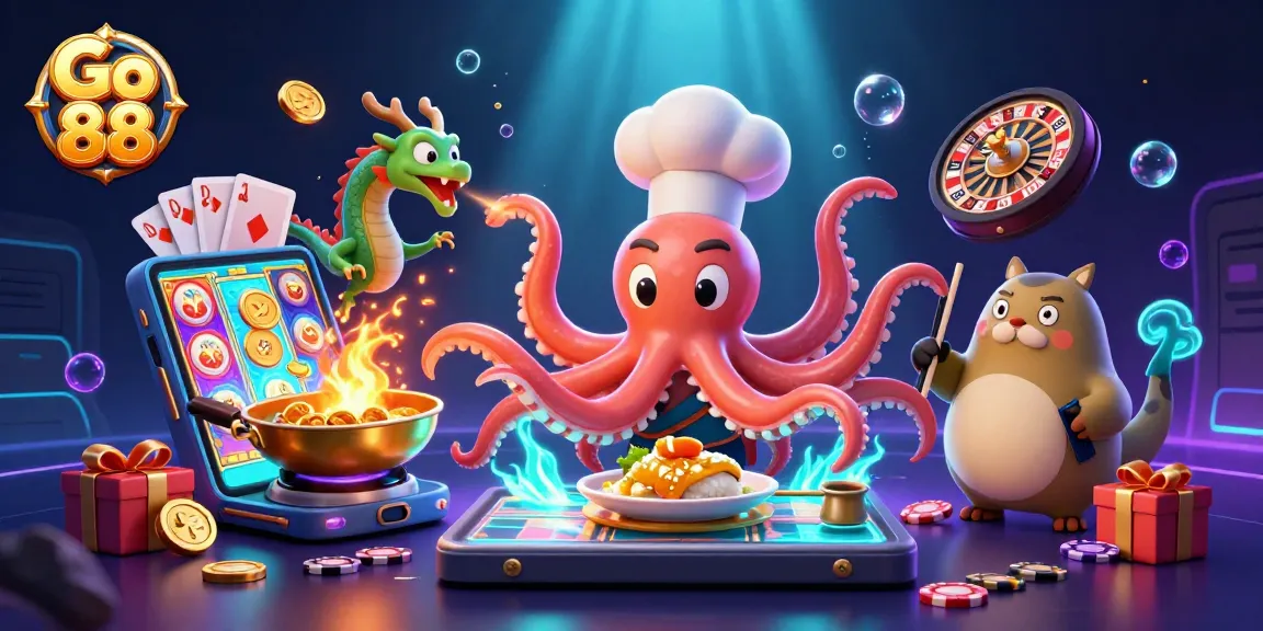 Engage with Go 88's vibrant slot games featuring sparkling coins, colorful characters, and thrilling casino action.