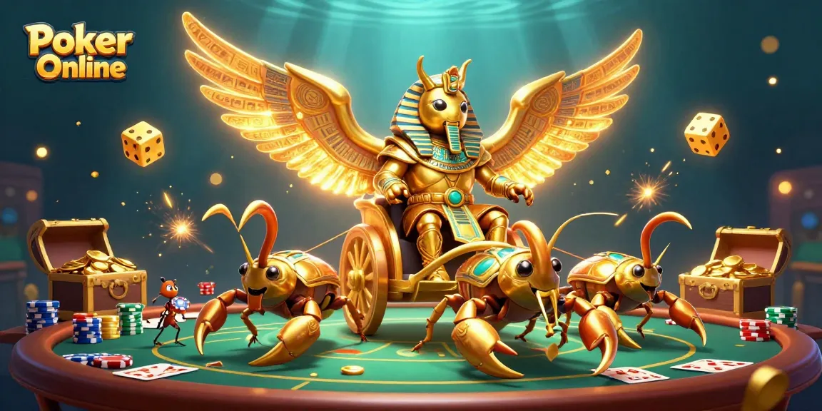 Engage in Poker Online action with vibrant characters amidst colorful poker chips and cards.