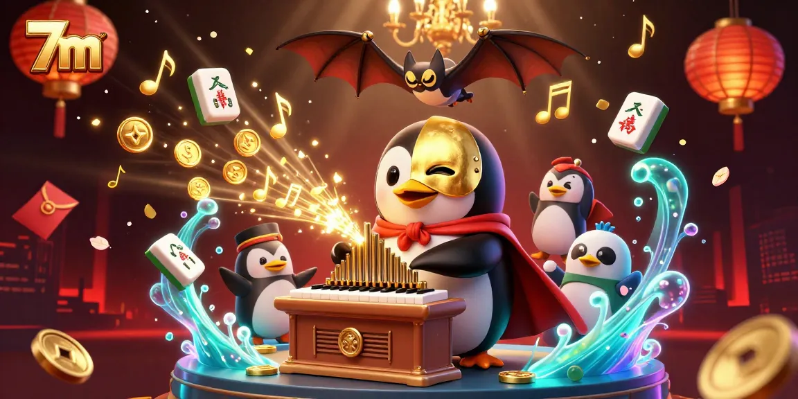 7m platform showcases a vibrant casino scene with a 3D penguin organist, golden coins, and glorious acrobatics
