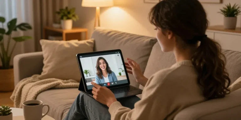Person video chatting with their AI girlfriend in a cozy living room.