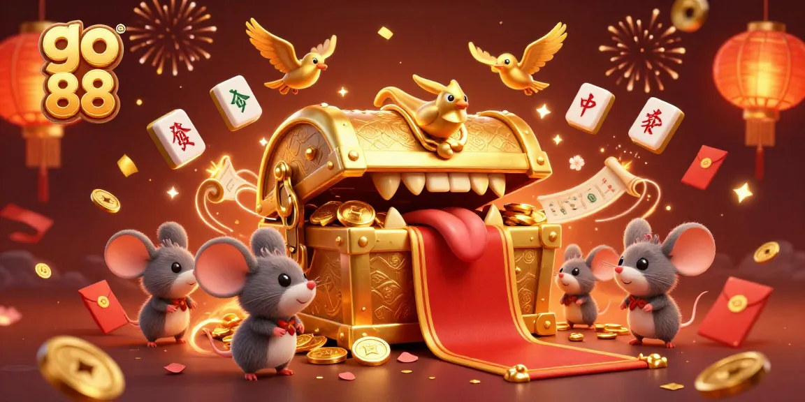 Engage with go 88's golden treasure chest mimic luring adventurer mice in a vibrant casino atmosphere.