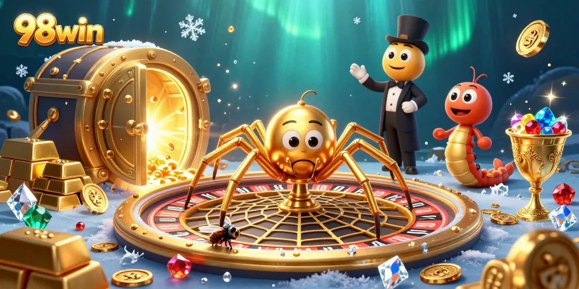 Experience the thrilling bets with 98win in this vibrant illustration featuring a golden spider and a centipede croupier.