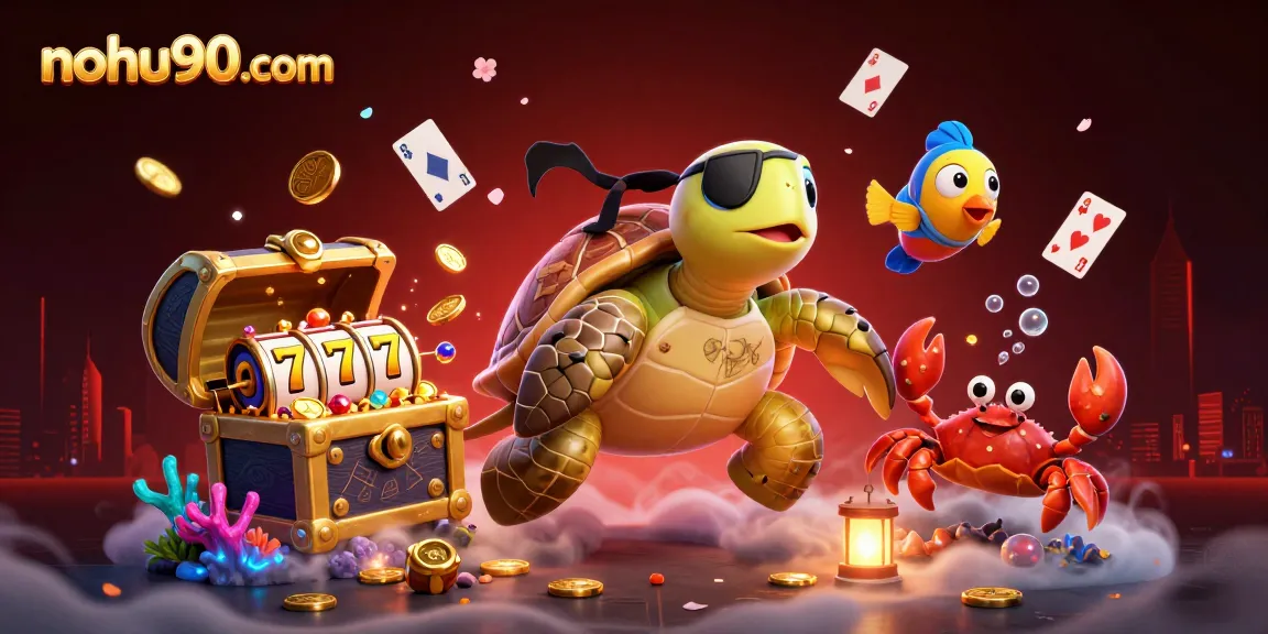 Play exciting games at nohu90com with this vibrant 3D scene featuring a jackpot, slots, and colorful characters.