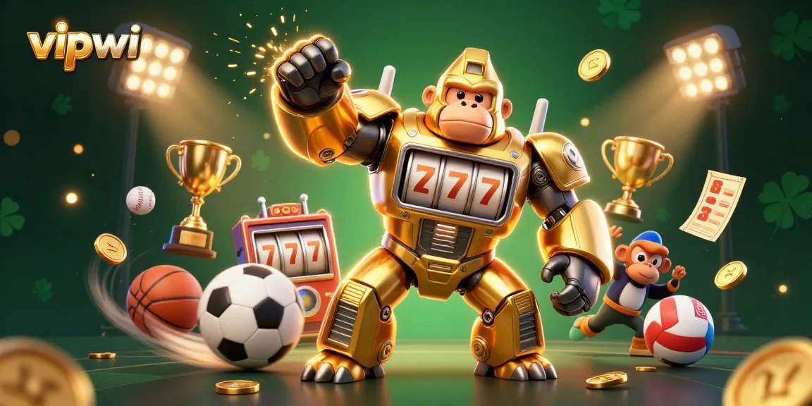 Experience thrilling gaming action with vipwin's dynamic 3D casino illustration featuring an epic golden gorilla mech.