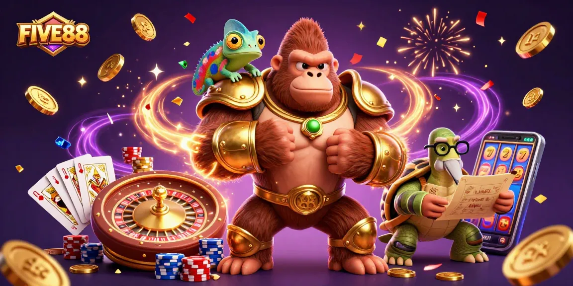 Join the excitement at FIVE88 with an animated scene of a gorilla king and friends enjoying casino games.
