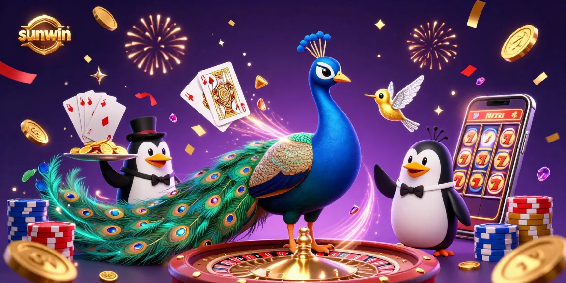 Win big with sunwin at a vibrant casino scene featuring colorful characters and dynamic gaming elements.
