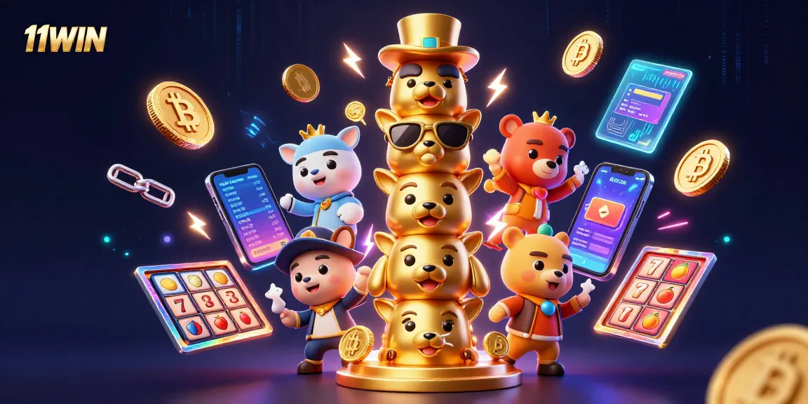 Play thrilling casino games with 11WIN, featuring vibrant slot symbols and crypto elements.