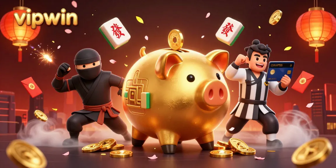 The VIPWIN universe comes alive with a golden piggy sumo wrestler shaking loose coins in a lively scene.