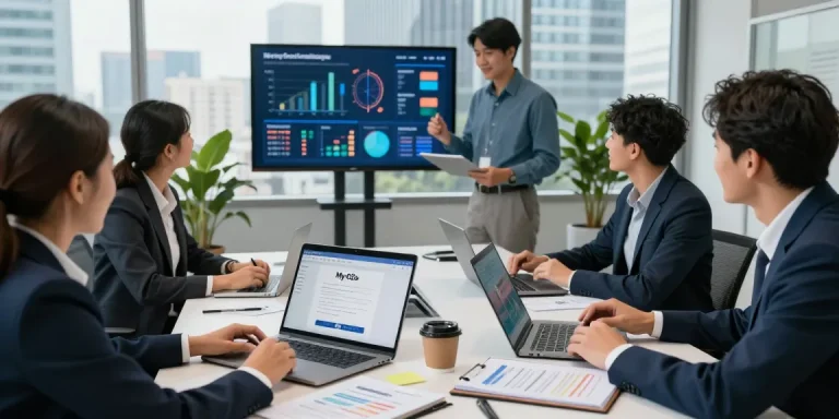 Team discussing My O2 business login strategies in a collaborative office space.