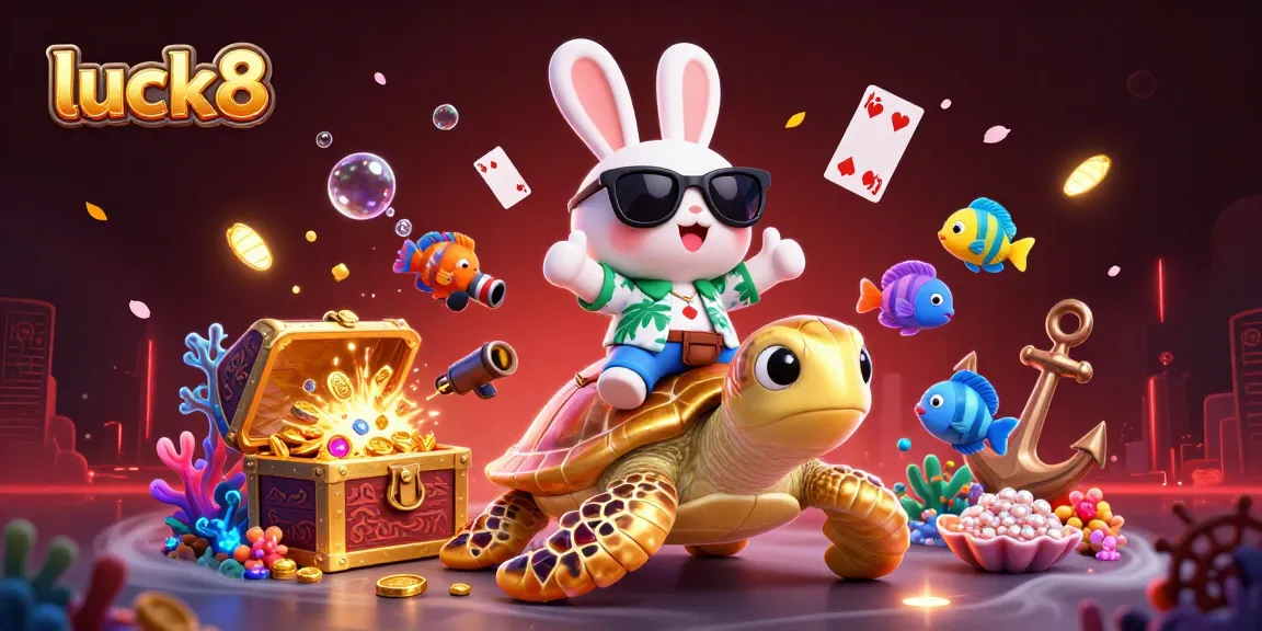 Experience luck8 with vibrant visuals of a lucky rabbit and golden turtle amidst a rich casino-themed scene.