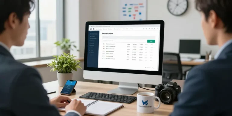 Engaging office scene highlighting a phone number lookup process with software interface and related tools for effective searching.