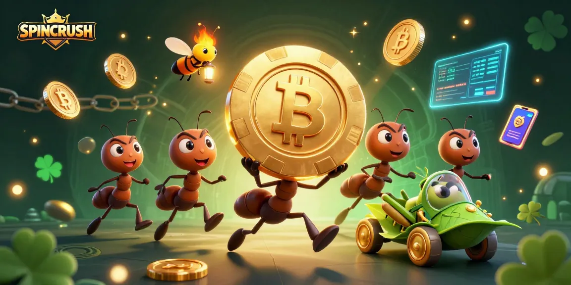 SpinCRUSH heist scene with ants, golden poker chip, and crypto elements for casino enthusiasts