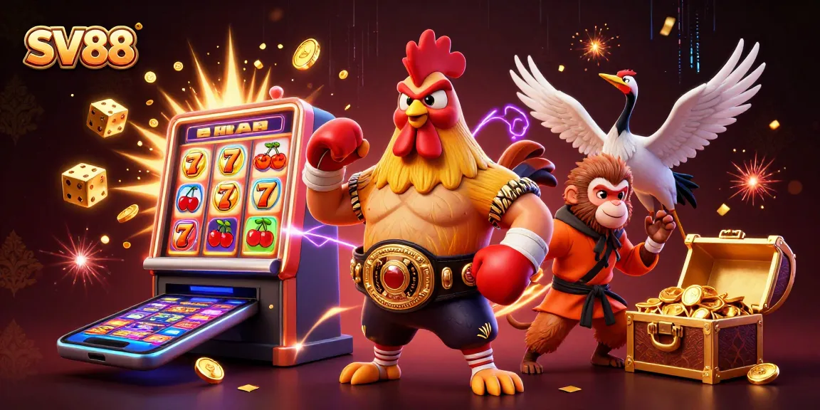 SV88 players celebrate with lively casino symbols and characters in a vibrant 3D scene.