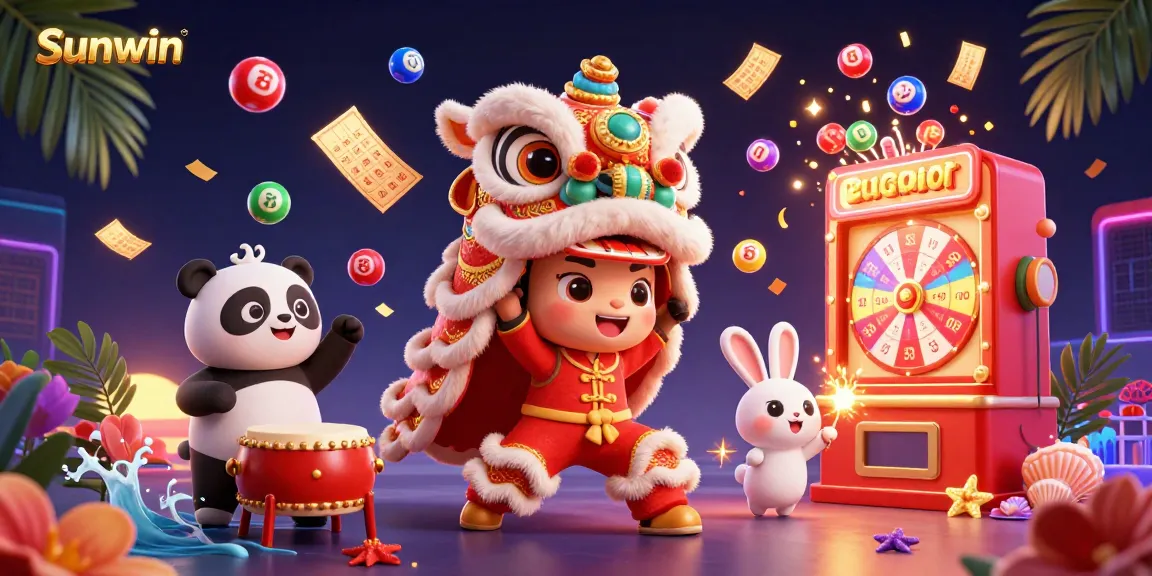 Sunwin captures excitement with a vibrant 3D illustration of festive characters amidst lively gambling elements.