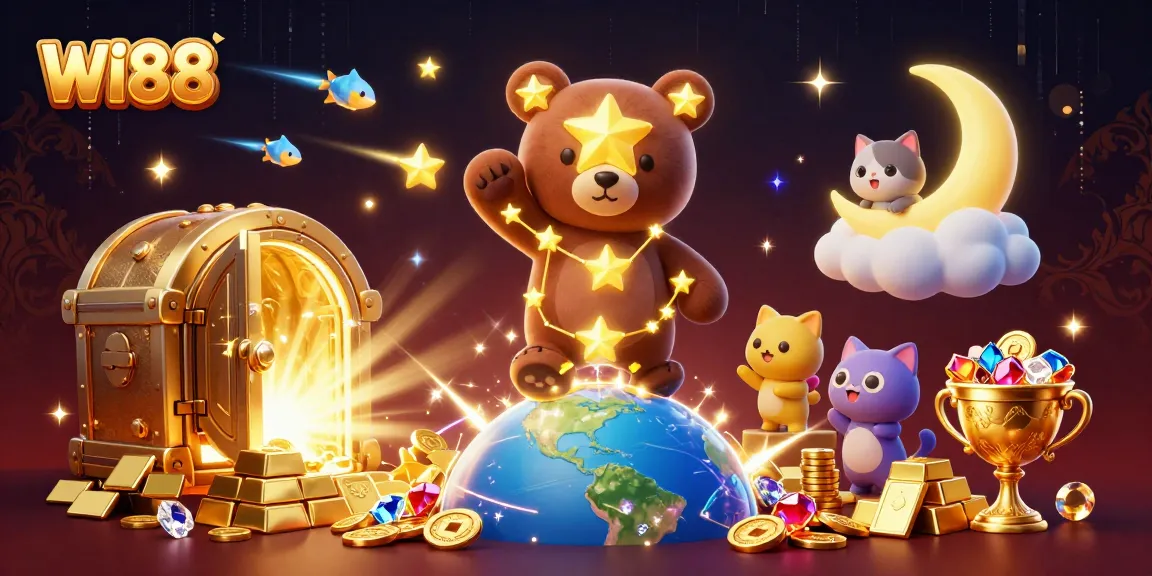 Engage in the thrilling world of WI88 with a vibrant casino illustration featuring constellations.
