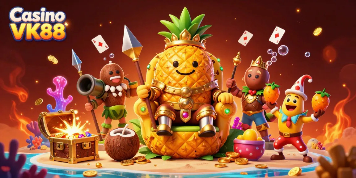 Experience the vibrant Casino VK88 scene with the golden pineapple king and dynamic gaming elements.