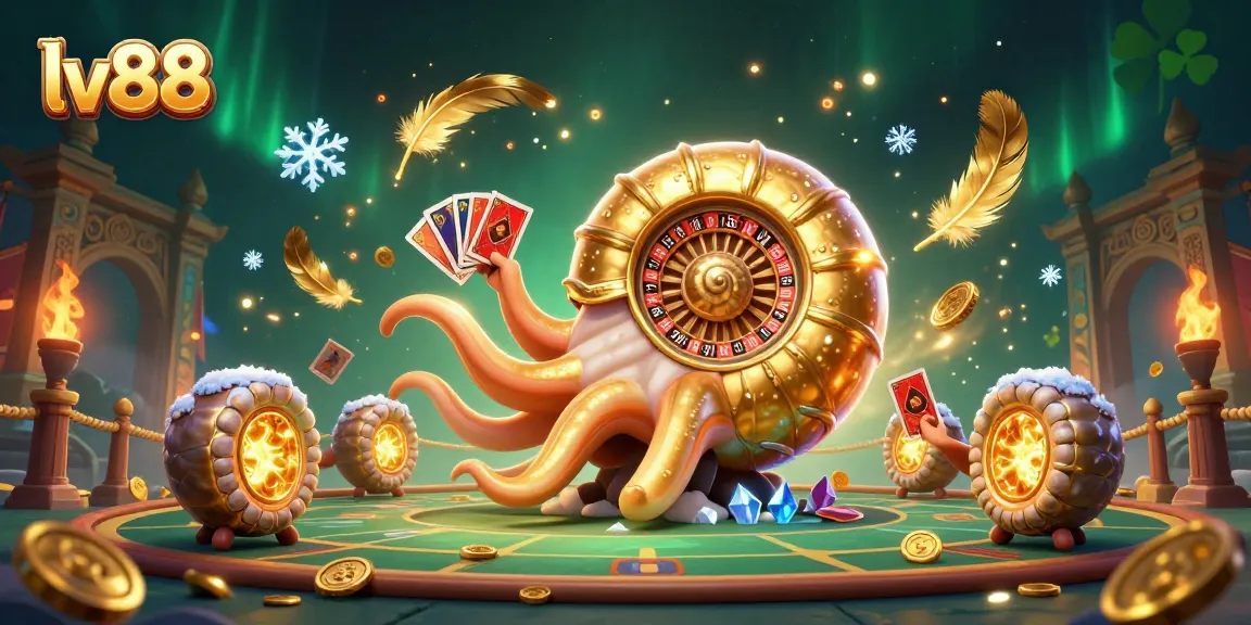 Engage with lv88's thrilling gaming experience, featuring ancient nautilus and glowing ammonite companions in vibrant casino atmosphere.