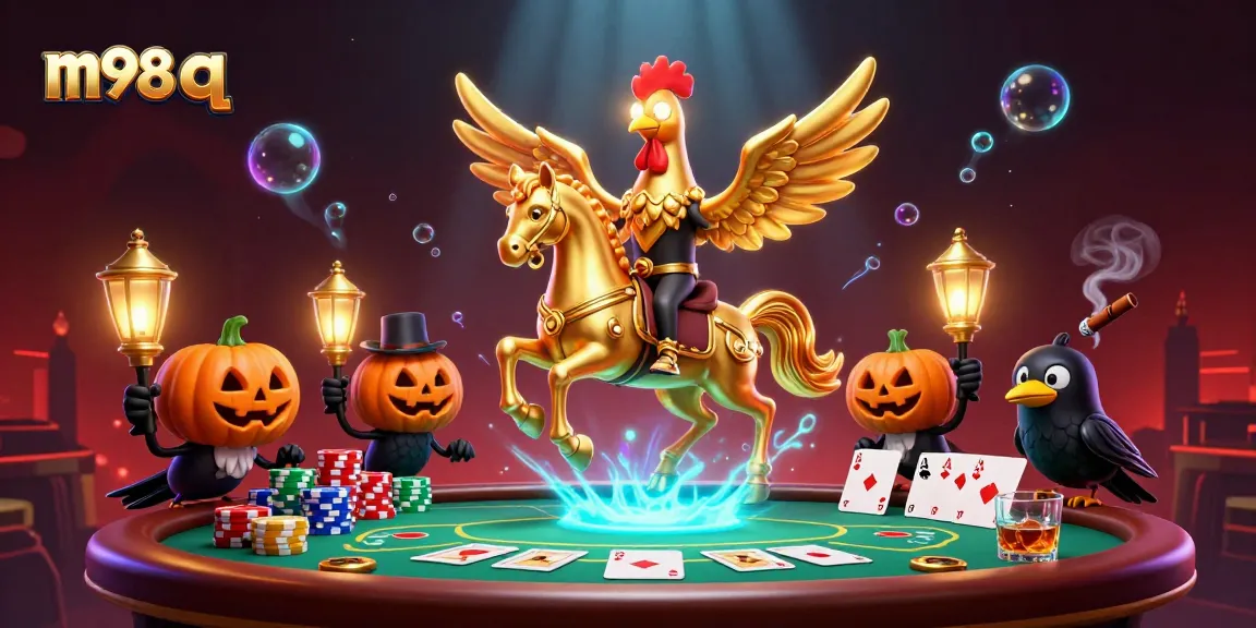Engage with m98 q in this vibrant casino scene featuring a golden rooster and poker elements.