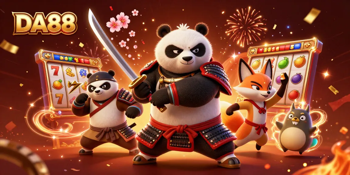 Experience epic thrills with DA88's vibrant casino illustration featuring samurai panda and exciting slots!